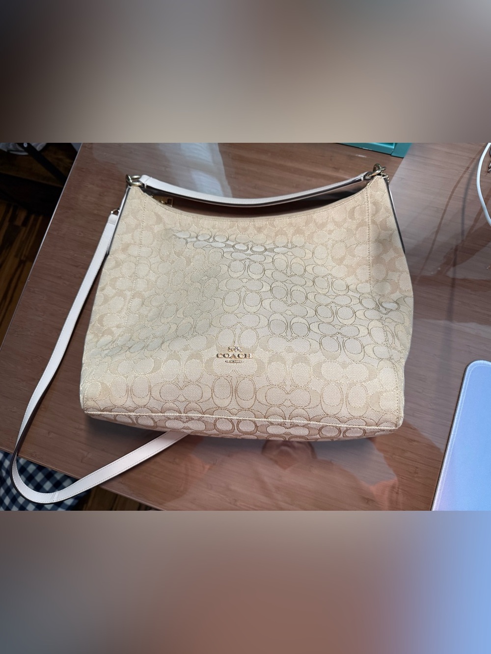 Coach Neutral Signature Jacquard Shoulder Hobo - Cream / Gold